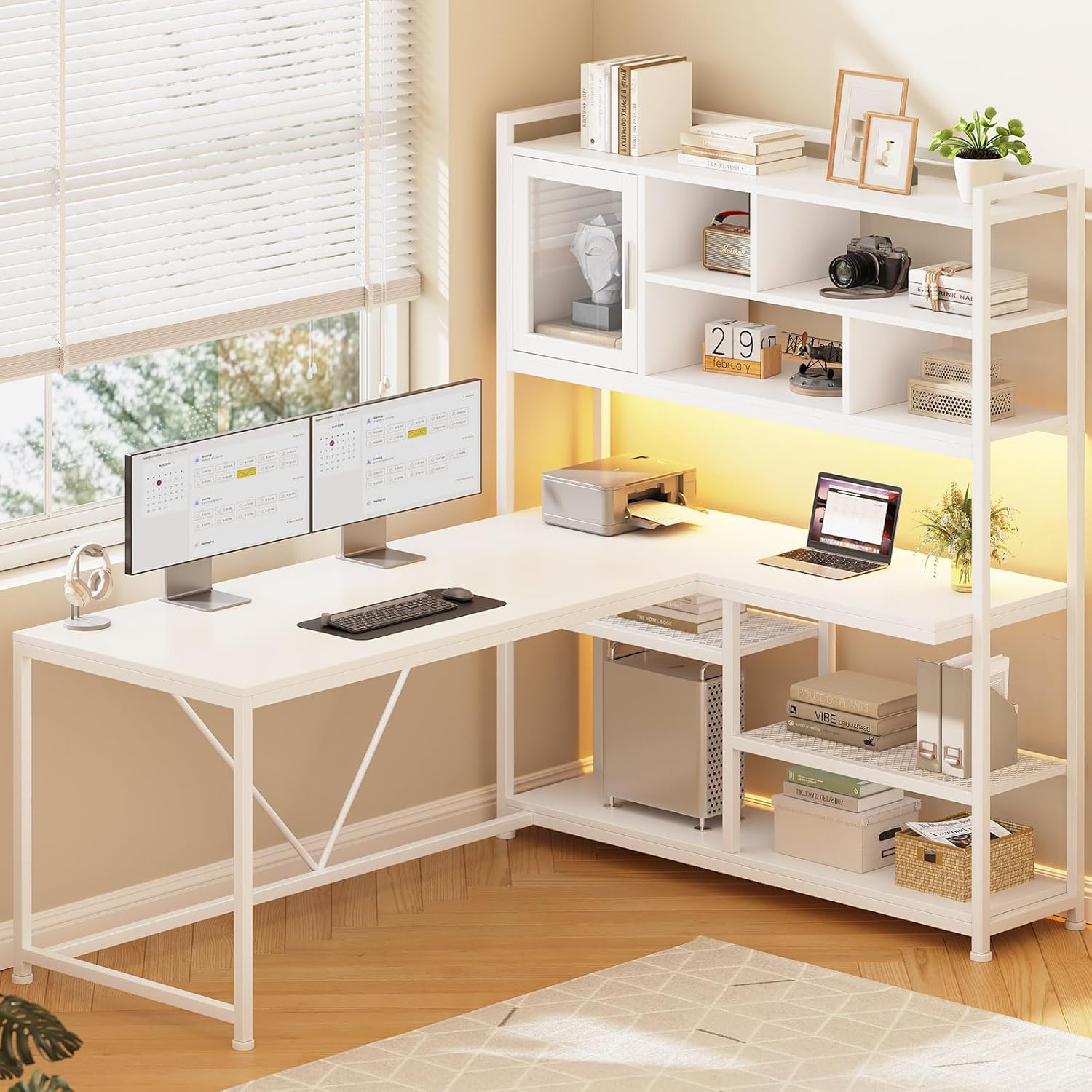 58'' L-Shaped Computer Desk with LED Light & Bookshelf