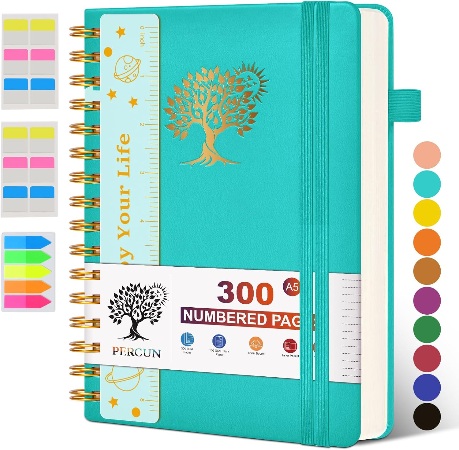 PERCUN A5 Hardcover Journal - 300 Numbered Pages, Leather Cover, College Ruled - Ideal for Work & School
