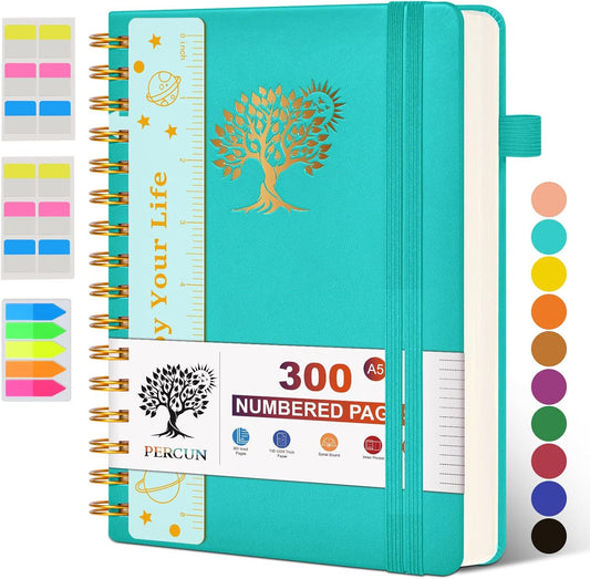 PERCUN A5 Hardcover Journal - 300 Numbered Pages, Leather Cover, College Ruled - Ideal for Work & School