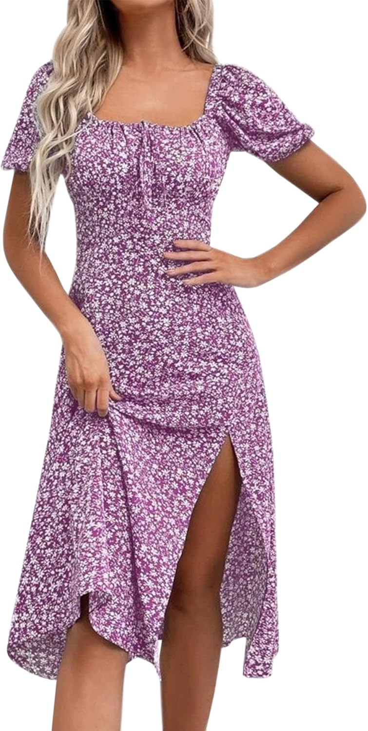 Floral Summer Casual Dress with Puff Sleeves for Women