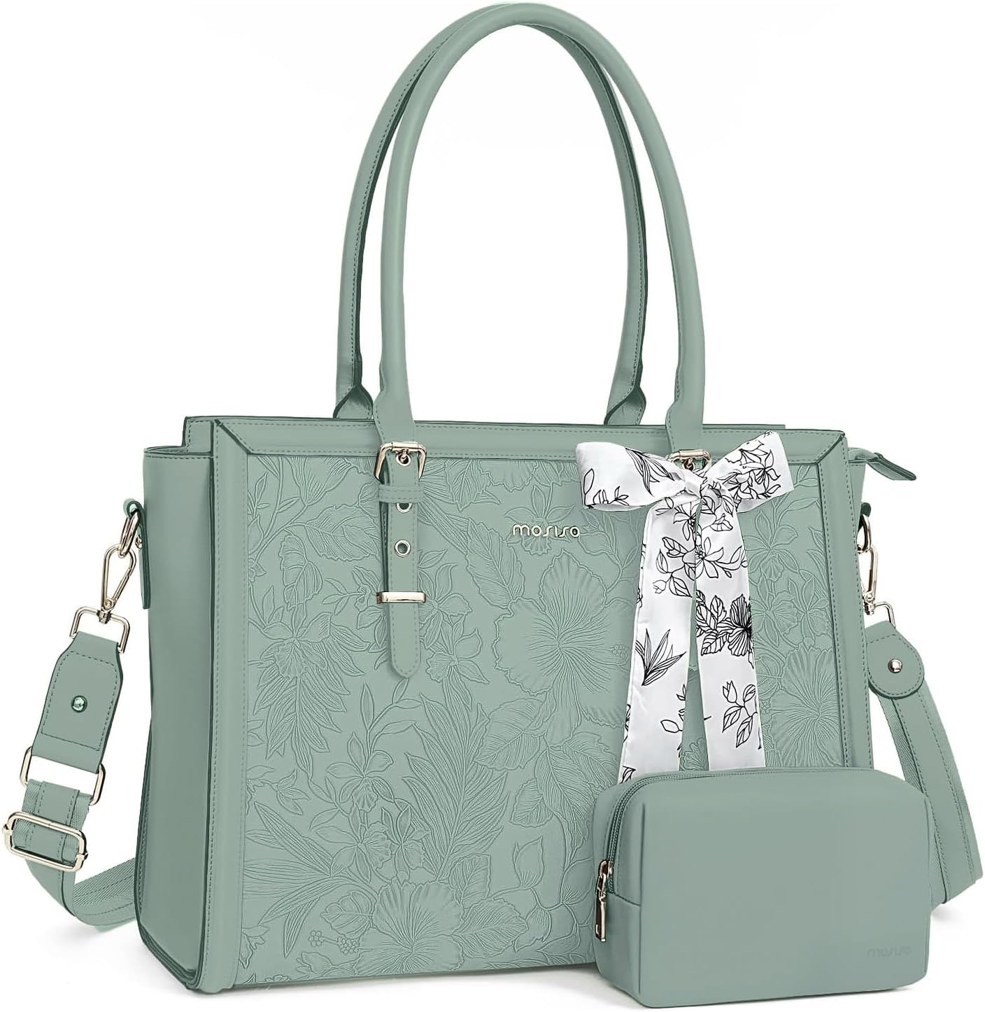 Stylish PU Leather Laptop Tote Bag for Women with Scarf & Clutch
