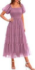 Smocked Midi Tulle Dress - Flattering Tiered Summer Midi Formal