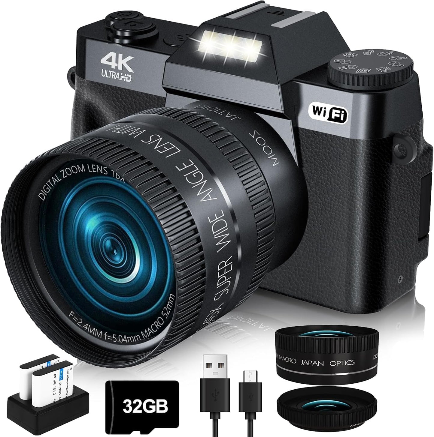 VJIANGER 4K vlogging camera: WiFi, 16X zoom, 2 batteries
