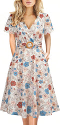 Women's Elegant Criss-Cross V Neck Vintage Tea Dress - Pockets