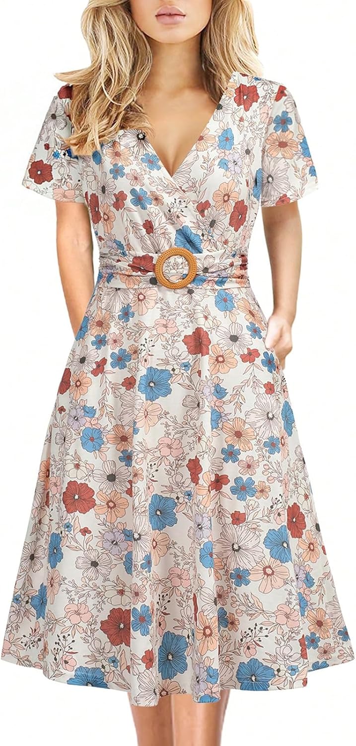 Elegant Criss-Cross V Neck Vintage Short Sleeve Dress with Pockets