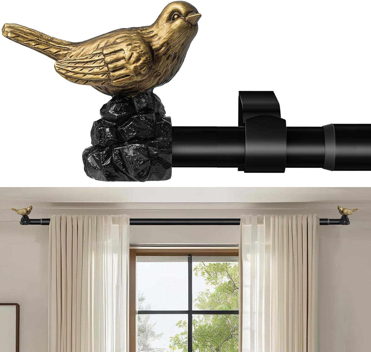 Vintage Gold Curtain Rods with Bird Finials for Windows