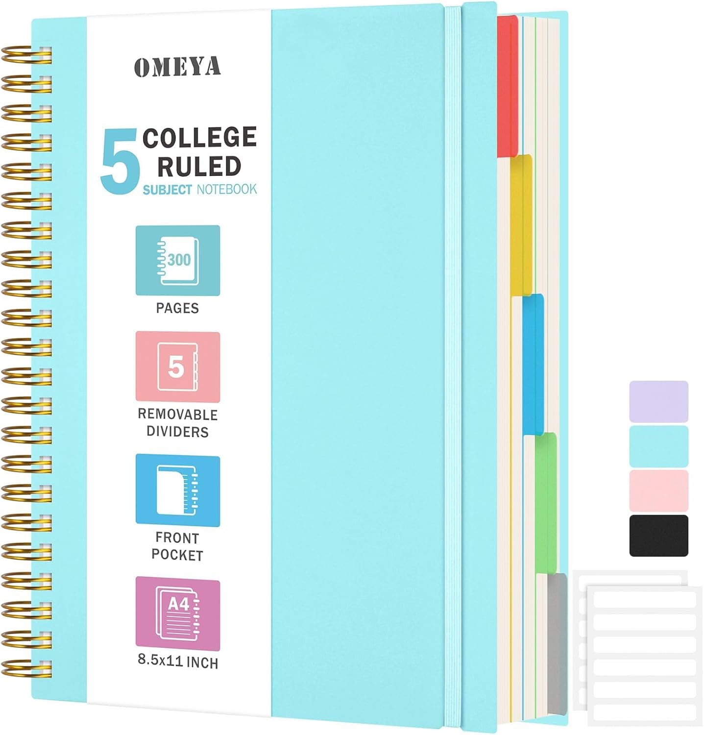 Large A4 Spiral Notebook 300 Pages, 5 Subject, Removable Dividers, College Ruled - OMEYA