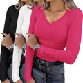 Ekouaer Womens Long Sleeve V Neck Ribbed Slim Fit Tops
