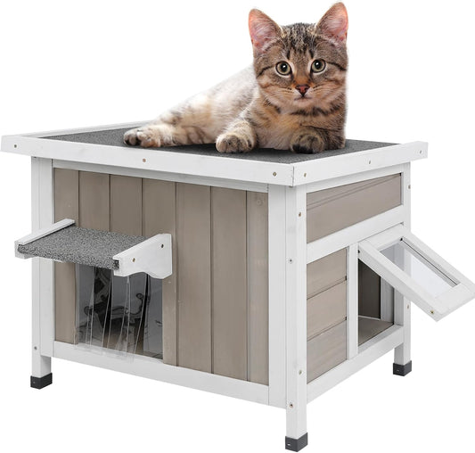 Outdoor Cat House for Feral Cats - Weatherproof Solid Wood Shelter
