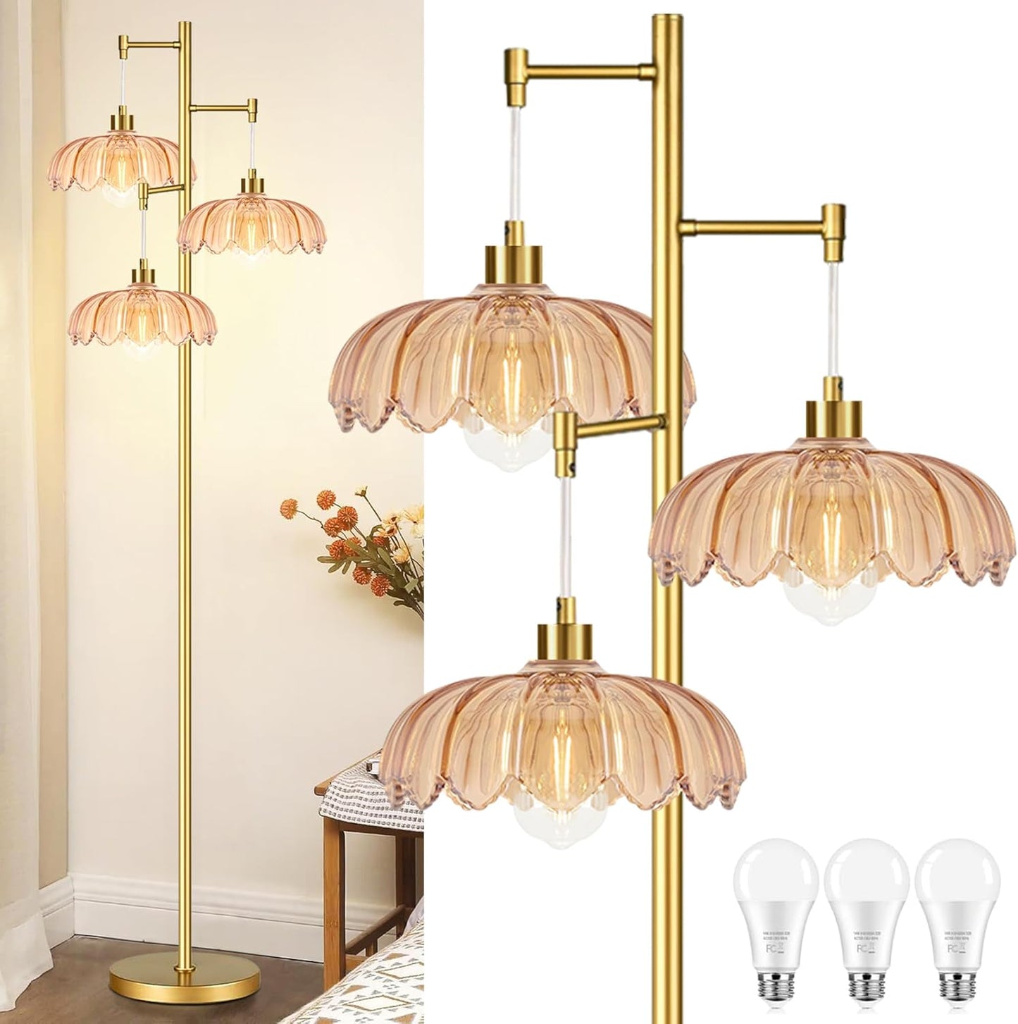 Gold Floor Lamp with Unique Amber Glass Shades for Living Room