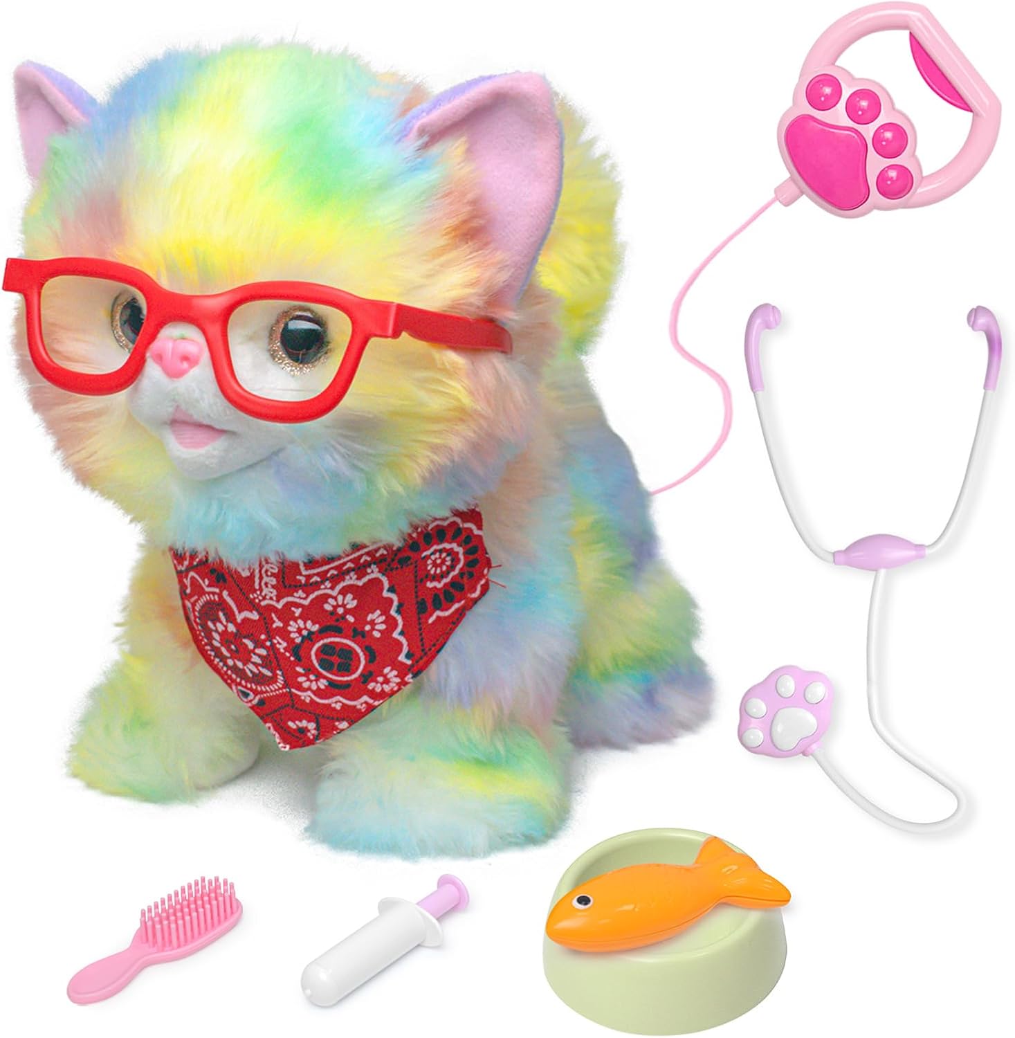 Interactive Rainbow Kitty Robot Cat Toy - Meowing, Walking, Wagging Tail!