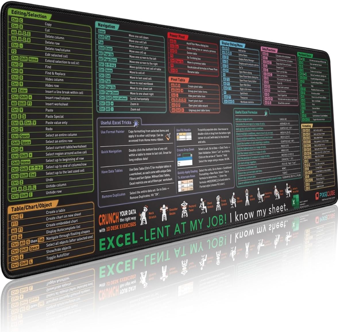 XL Excel Shortcut Mouse Pad - Gaming & Office Cheat Sheet