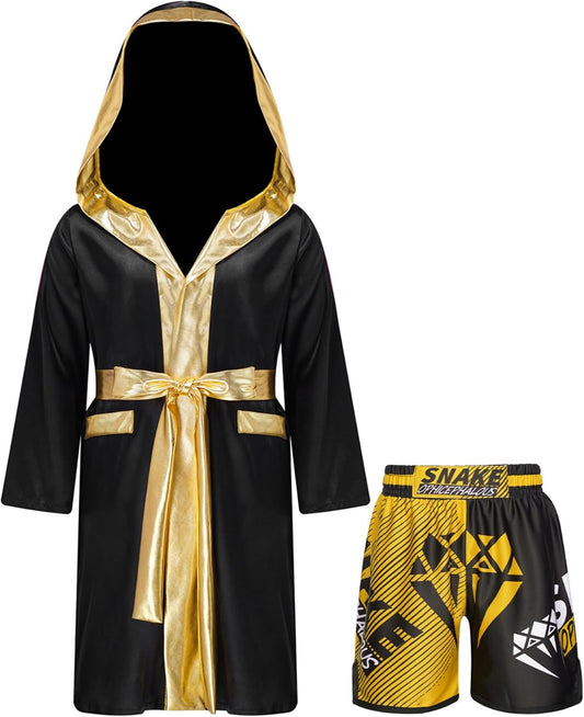TiaoBug Kids Boys Boxing Costume Set - Hooded Robe & Shorts