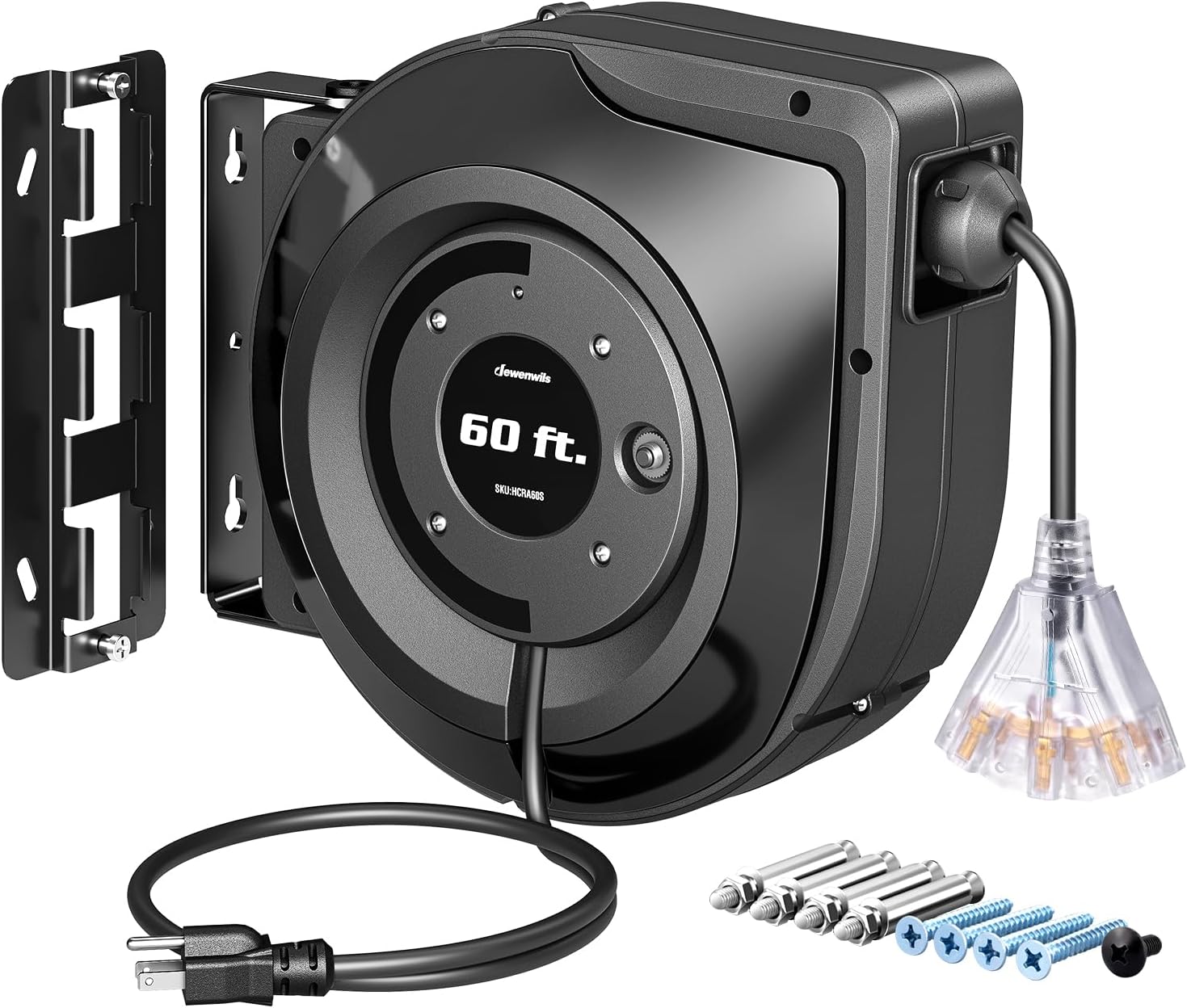 DEWENWILS 60FT Retractable Extension Cord Reel with Outlets