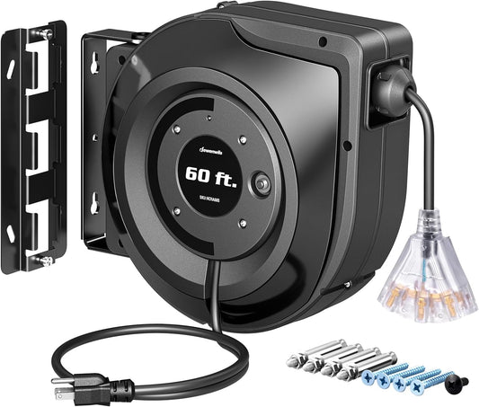 DEWENWILS 60FT Retractable Extension Cord Reel with Outlets