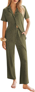 Ekouaer Womens Rib Knit Pajamas Button Up Lounge Set - Stretchy