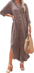 Women's Casual Print Maxi Shirt Dress - Button Front, Slit Style