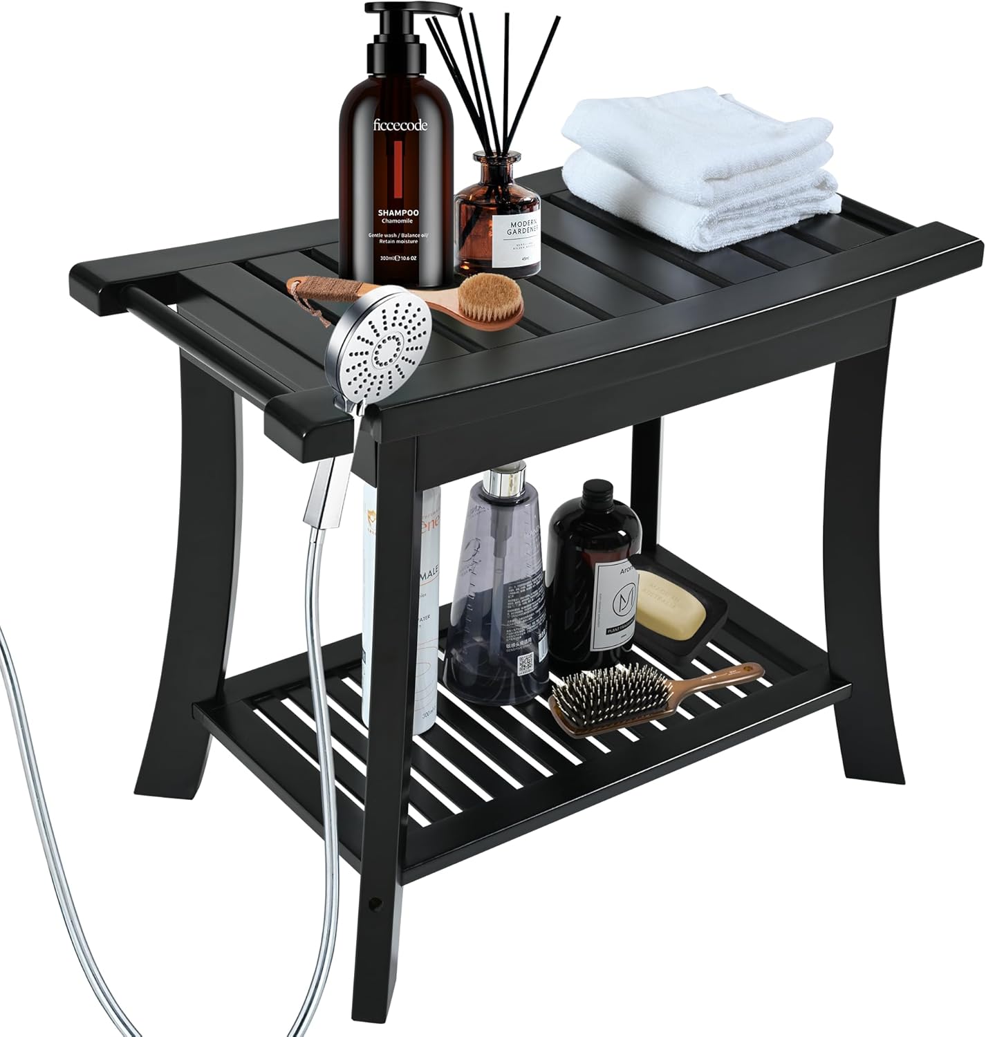 Black Bamboo Shower Bench with Storage Shelf for Comfort