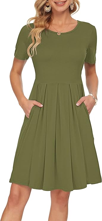 AUSELILY Women's Short Sleeve Pleated Casual Dress with Pockets