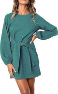 PRETTYGARDEN Women's Long Lantern Sleeve Tie Waist Short Dress