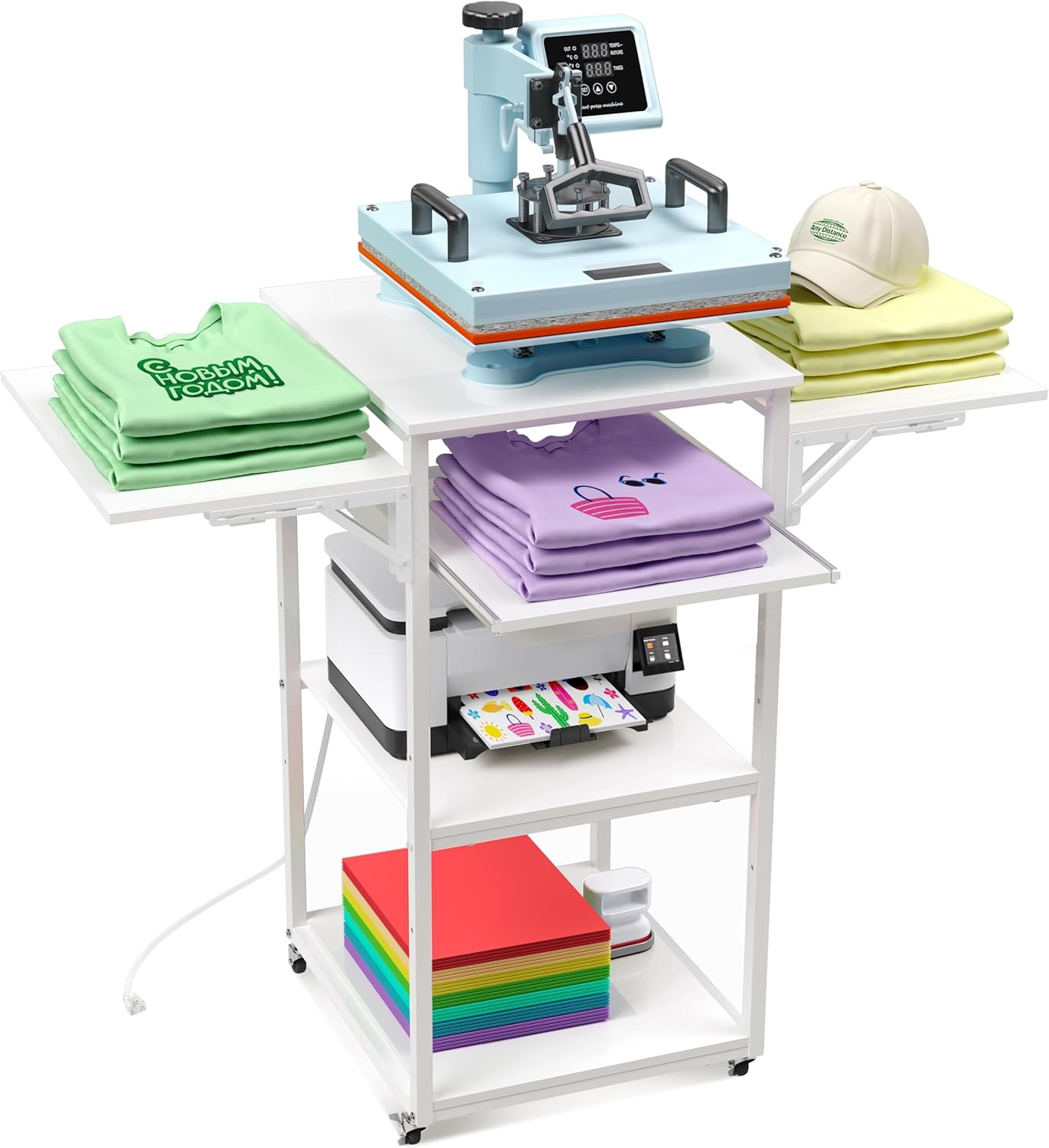 Crafit Movable Heat Press Table with Charging Station and Storage