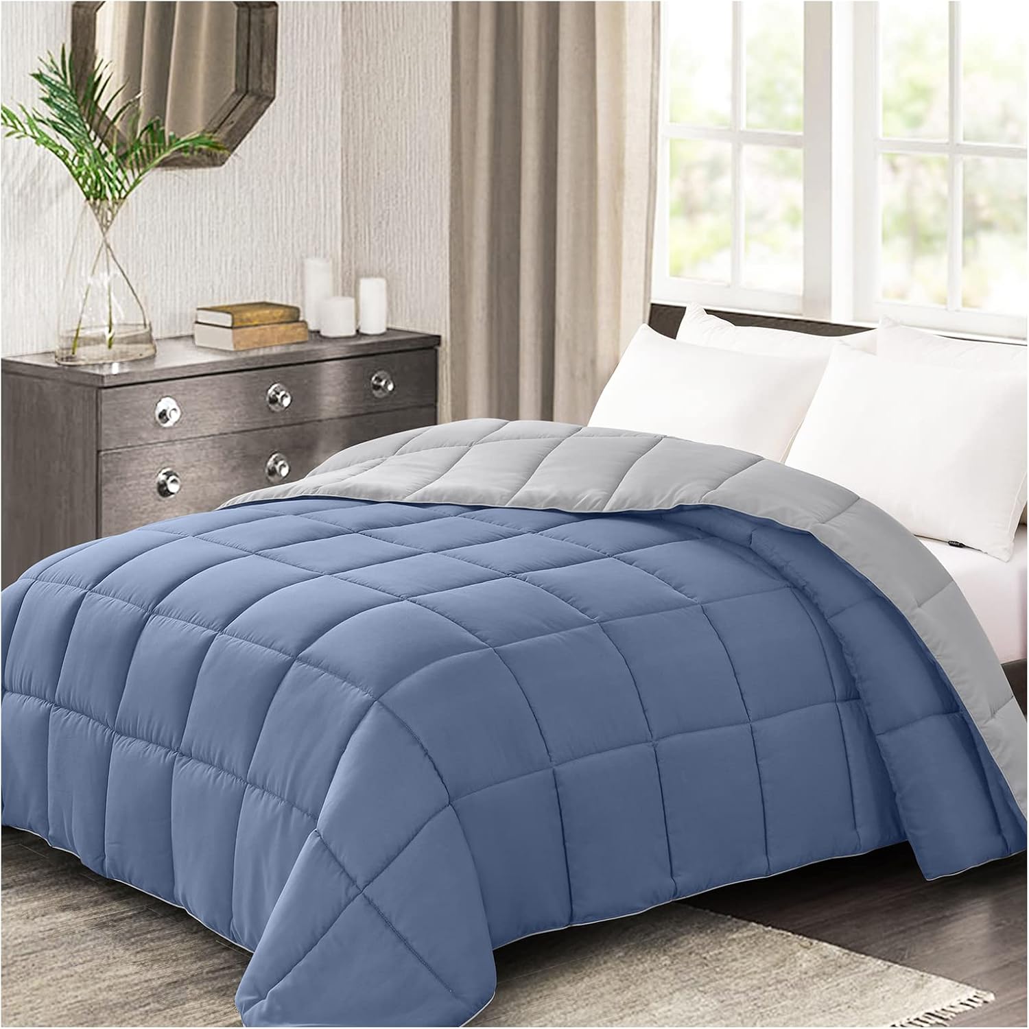 Reversible King Size Comforter - Lightweight Bedding in Blue/Grey