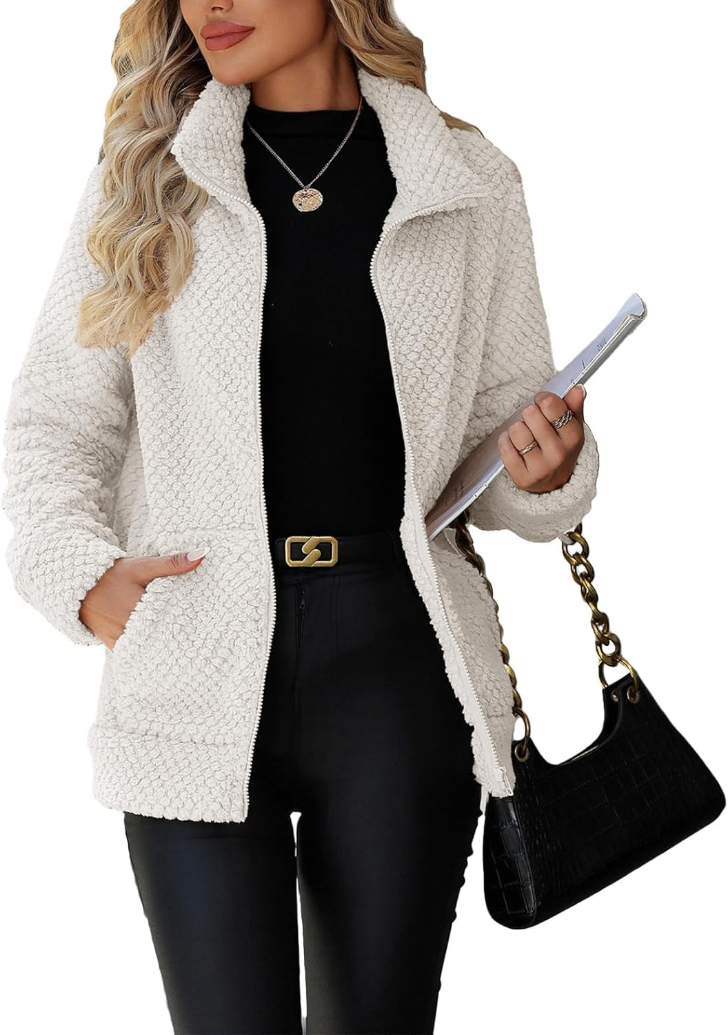 Women's Full Zip Stand Collar Fleece Sherpa Jacket with Pockets