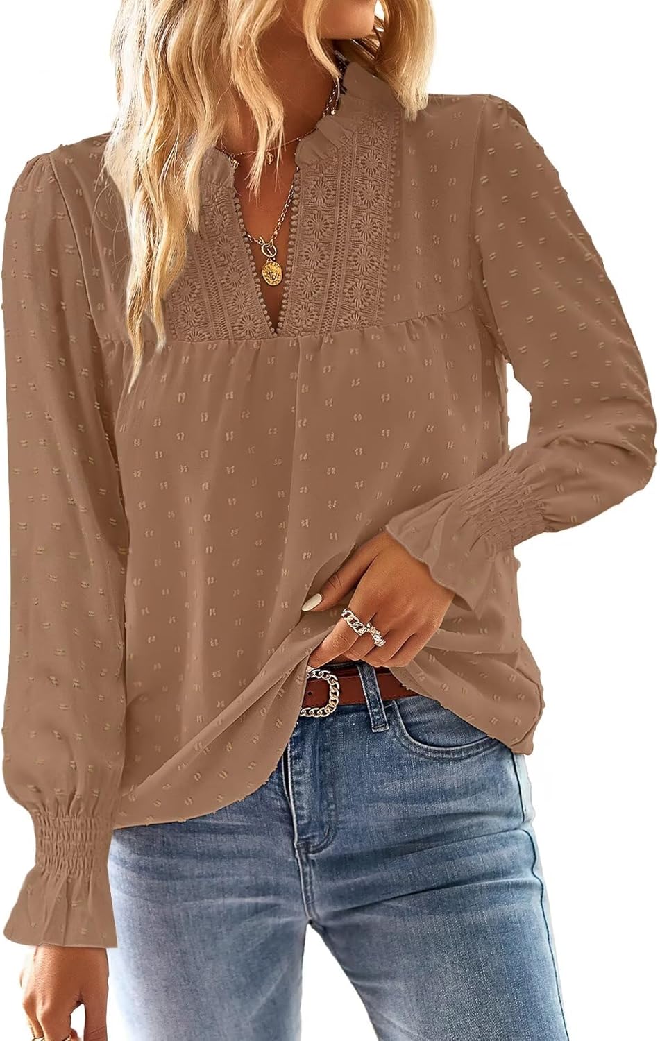 Boho Tops for Women V Neck Blouses Flowy Swiss Dot Style