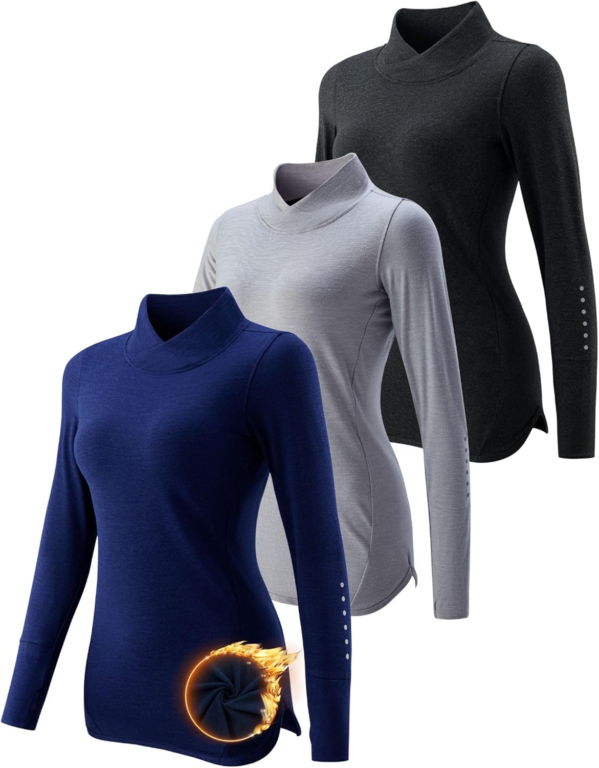 3 Pack Womens Thermal Micro-Fleece Mock Neck Long Sleeve Tops