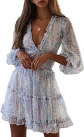 Happy Sailed Womens Summer Long Sleeve Deep V Ruffle Mini Dress