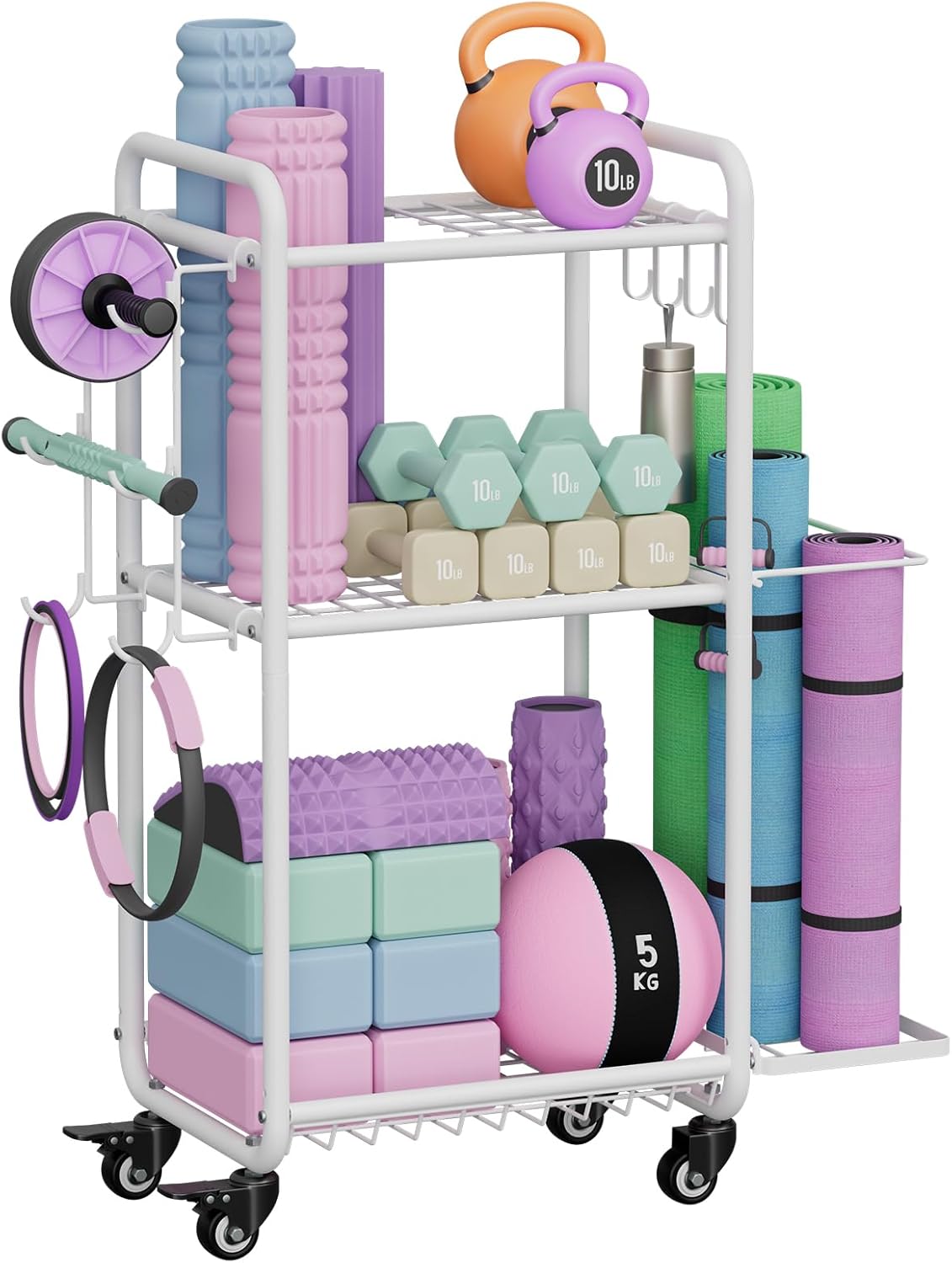 Weight Rack for Home Gym Storage with Wheels and Hooks