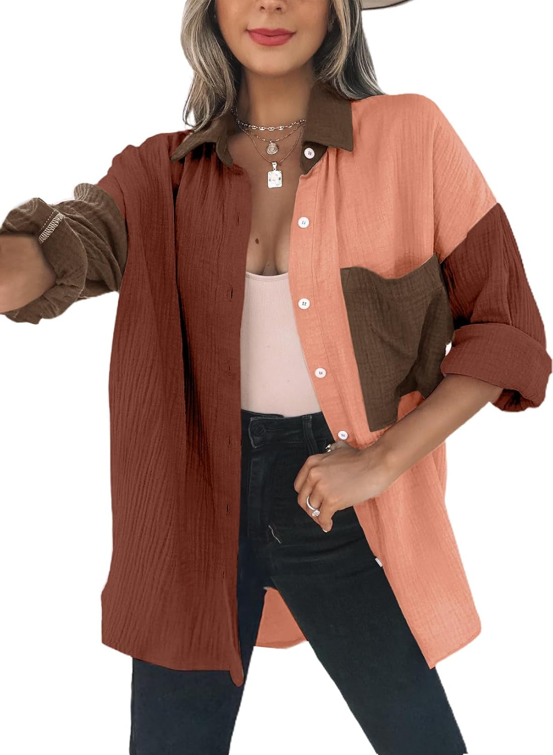 Dokotoo Womens Color Block Button Down Oversized Blouses