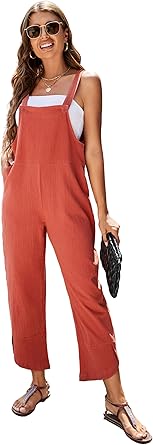 PUWEI Womens Cotton Linen Adjustable Bib Overalls for Casual Style