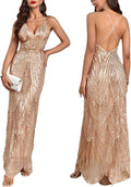 Women's V Neck Sequin Spaghetti Strap Prom Dress - Sparkly Maxi Gown