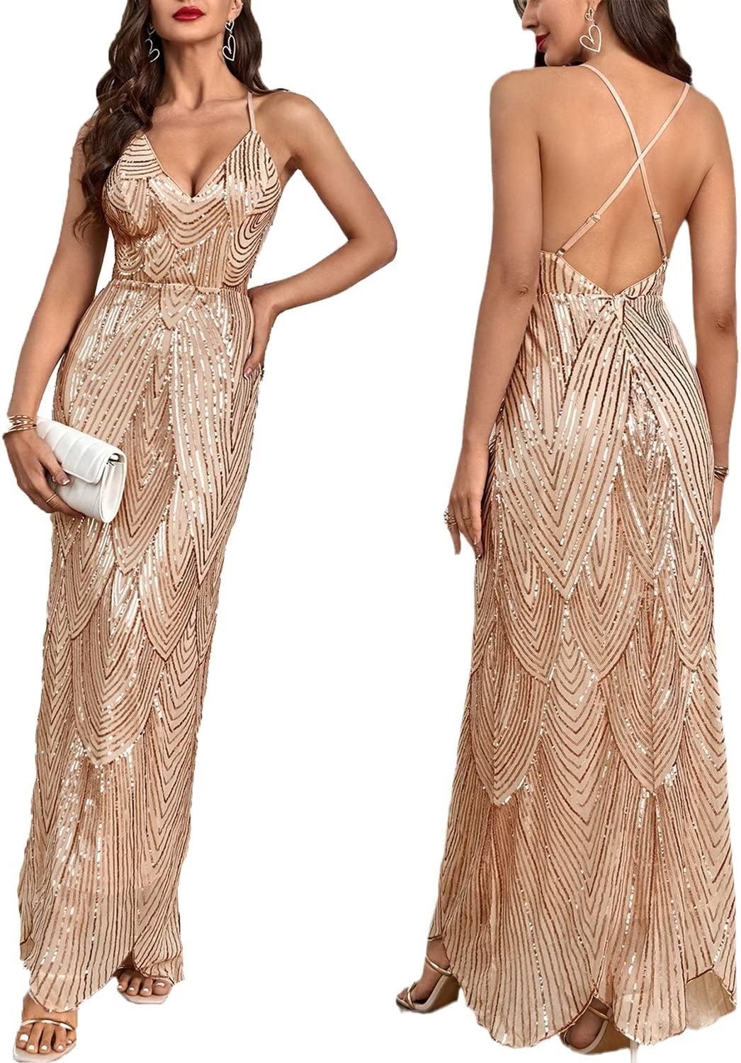 Women's V Neck Spaghetti Straps Sequin Sparkly Maxi Dress