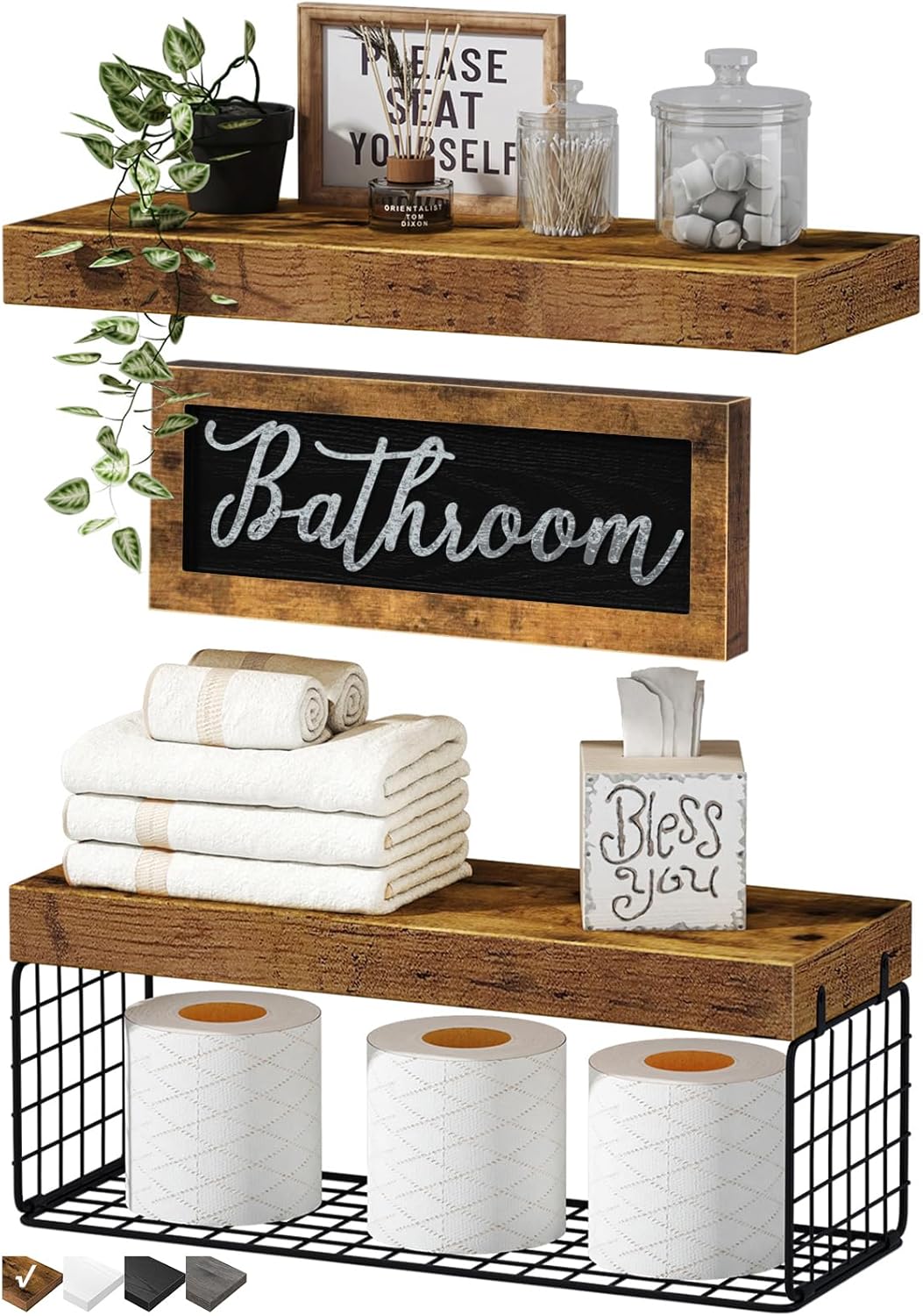 QEEIG Bathroom Shelves Over Toilet - Rustic Floating Shelf Set