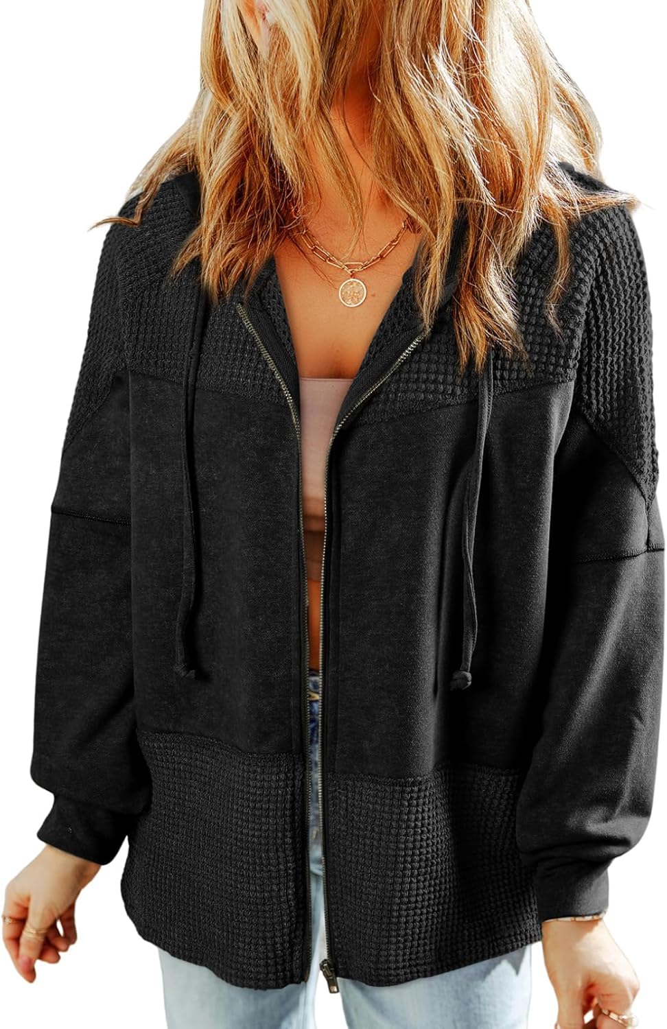Waffle Knit Hoodies for Women Zip Up Jackets Casual Fall Wear