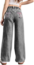 Girls Bow Print High Waist Wide Leg Denim Pants - Back Zipper Fly