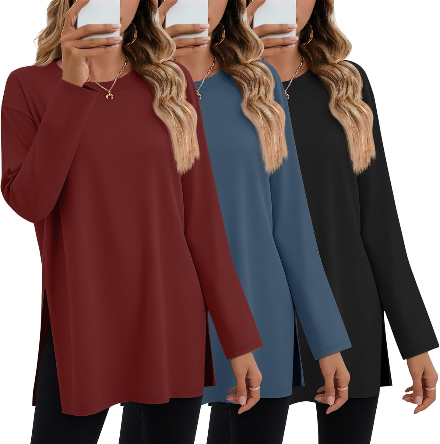 Huukeay Oversized Long Sleeve Shirts for Women - 3 Pack Cotton