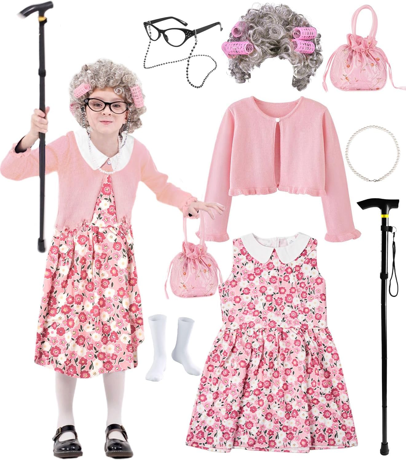 FAYBOX 100 Days of School Old Lady Costume for Kids Girls