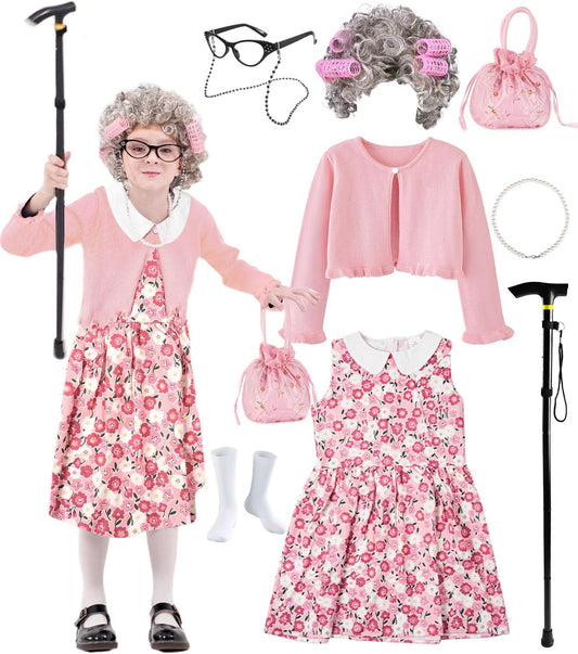 FAYBOX 100 Days of School Old Lady Costume for Kids Girls
