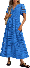 PRETTYGARDEN Womens Eyelet Maxi Dress V Neck Short Sleeve - Flowy