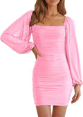 Women Elegant Square Neck Lantern Sleeve Ruched Bodycon Mini Dress Out