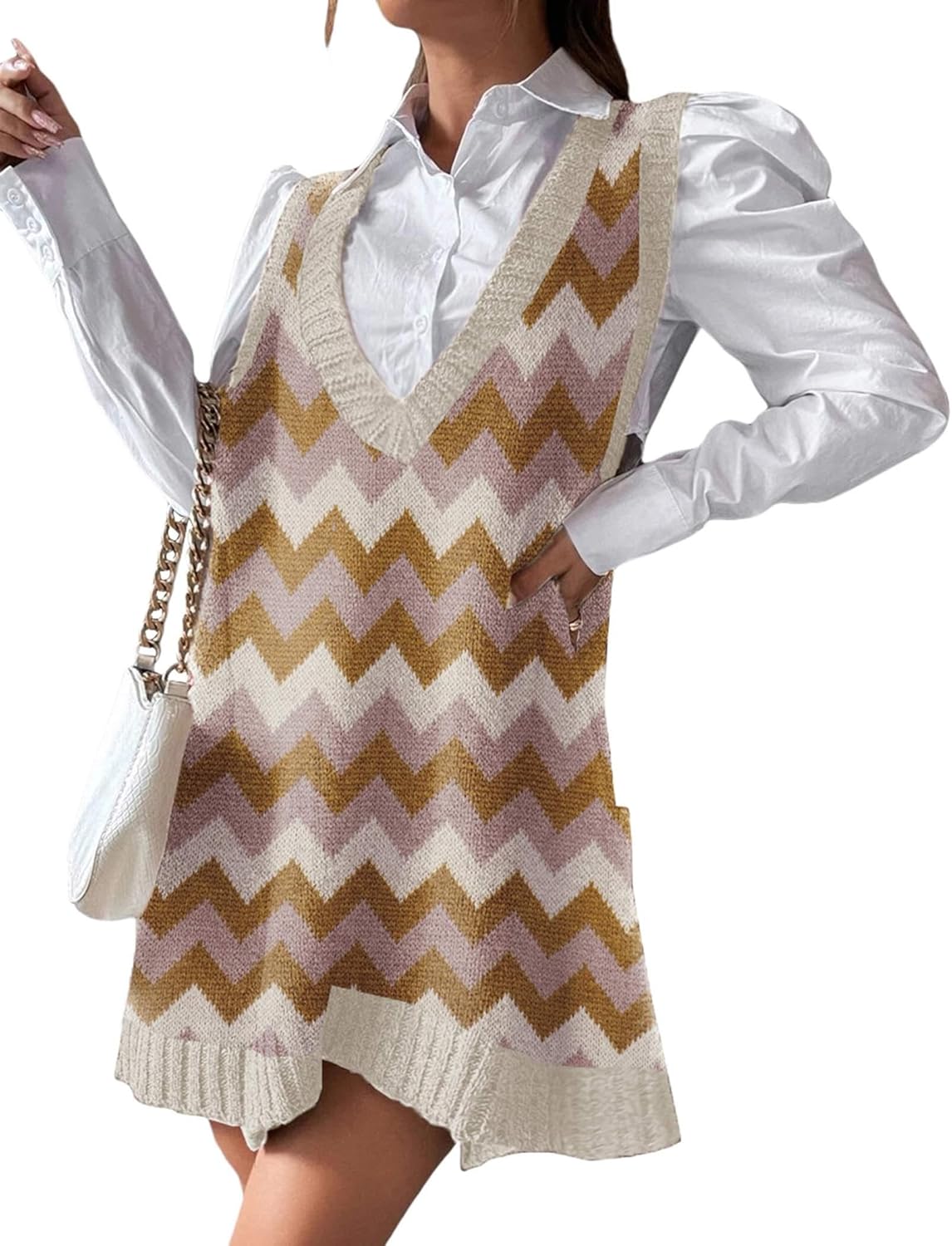 Stylish Knitted Sweater Vest Dress with Pockets for Women