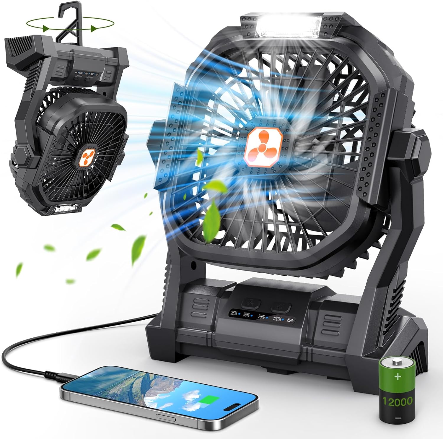 Portable 12000mAh Rechargeable Fan with LED Lantern - Peouix