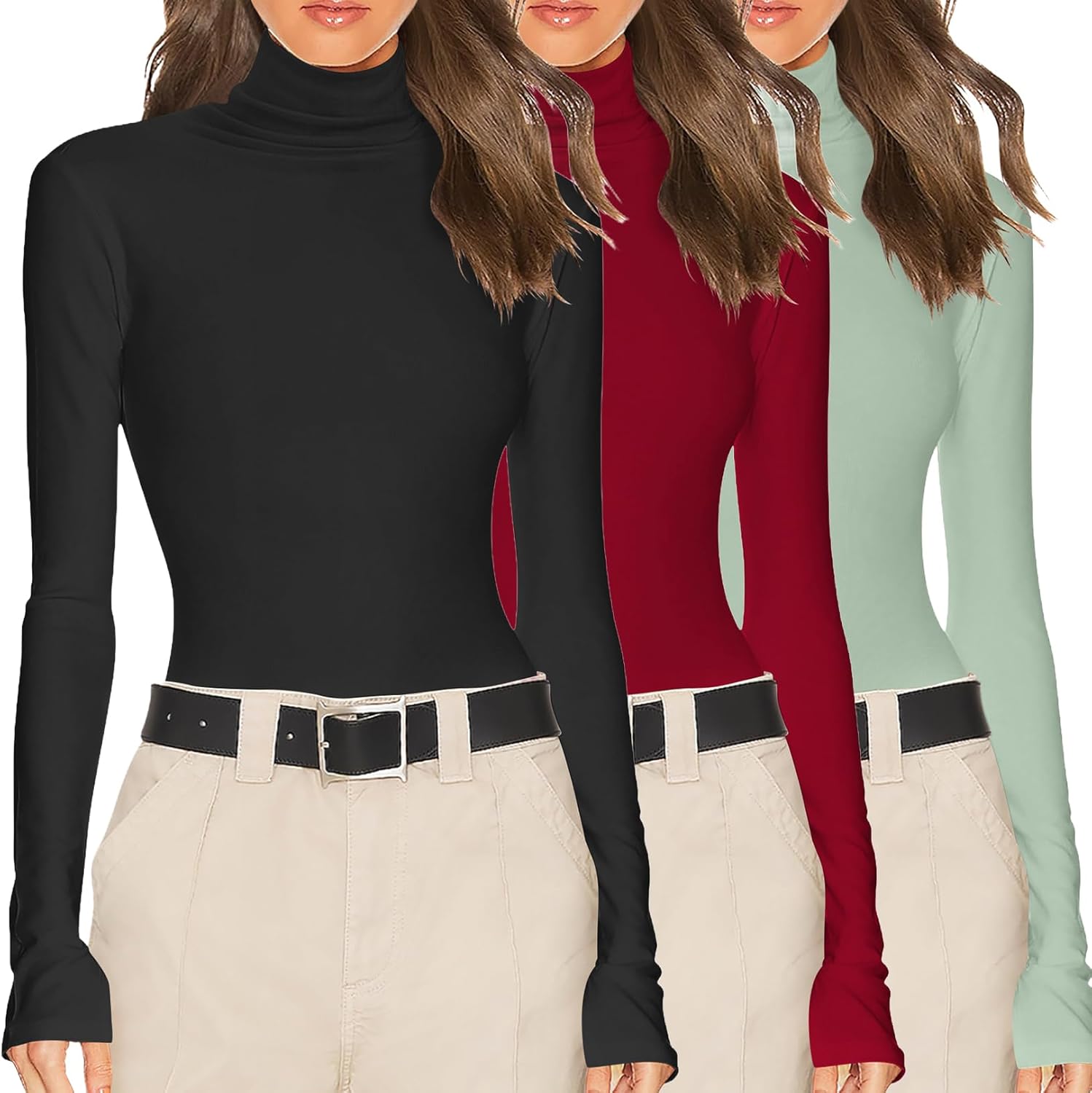 Ekouaer Women's Turtleneck Long Sleeve Shirts 3 Pack for Comfort