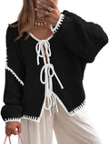 Tie Front Bow Cardigan Sweater - Chunky Knit Puff Sleeve Jacket Shoes