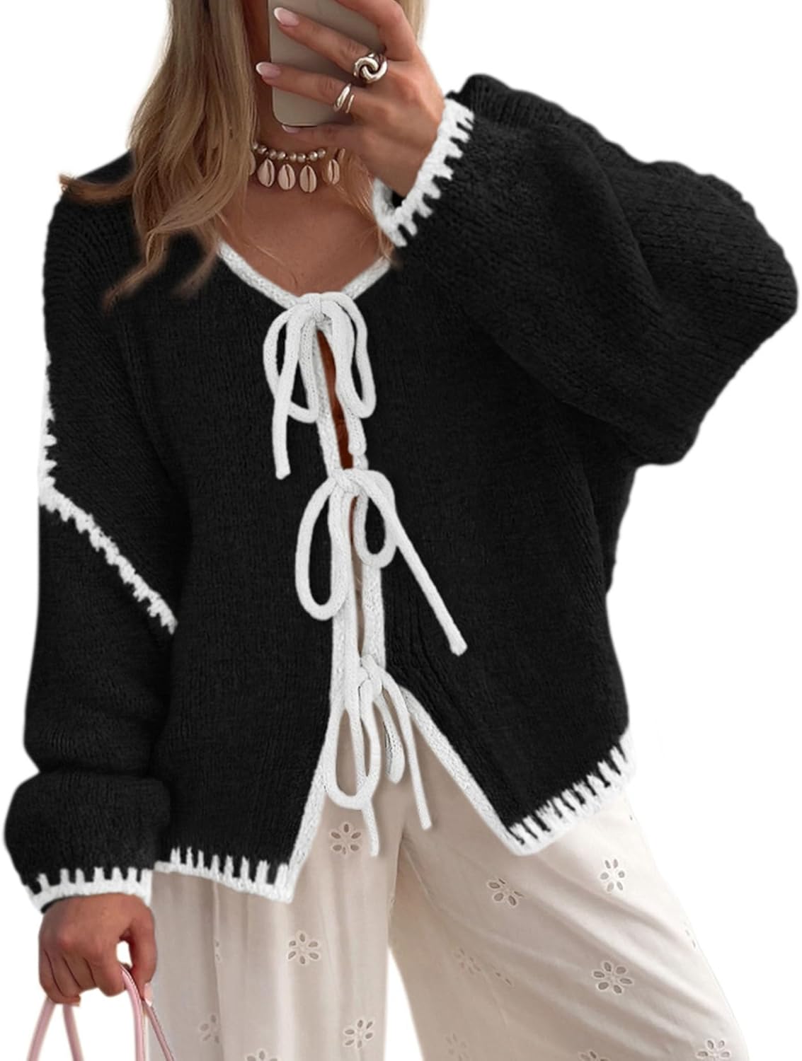 PRETTYGARDEN Women's Tie Front Bow Cardigan for Fall Fashion