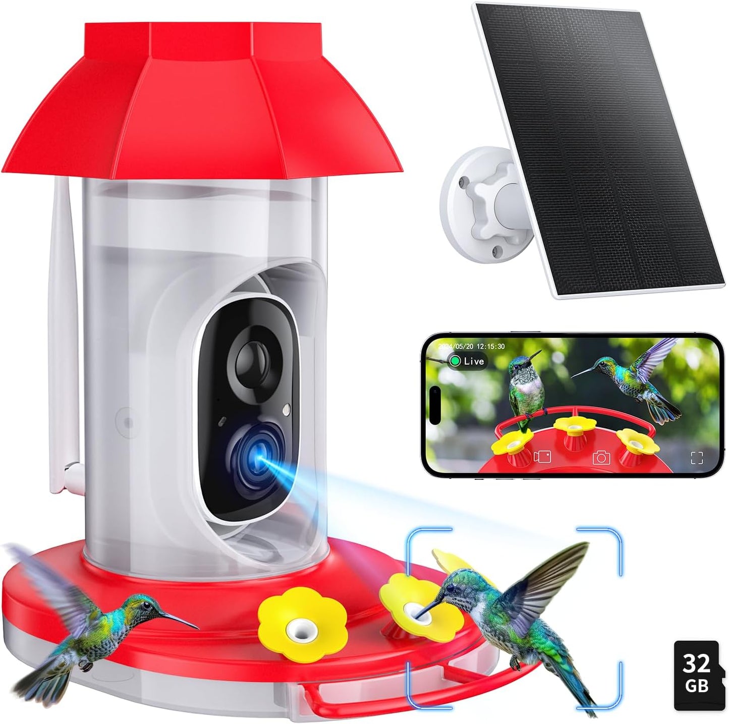 Hummingbird Feeder with Camera: AI Identify, Solar Powered, 32G Card, Live Video!