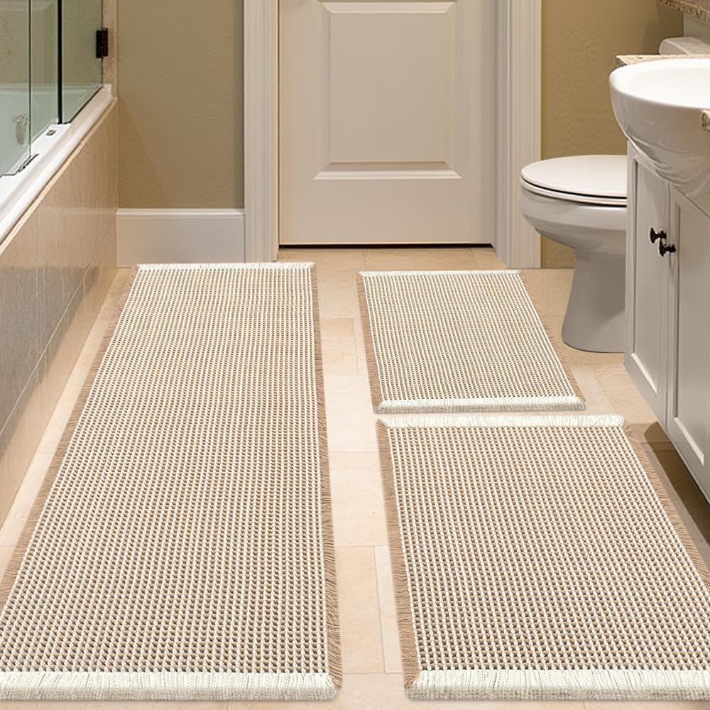 Waffle Bath Mat Set 3 Piece Brown & Cream for Modern Bathrooms